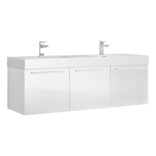 Vista 60" White Wall Hung Double Sink Modern Bathroom Cabinet w/ Integrated Sink