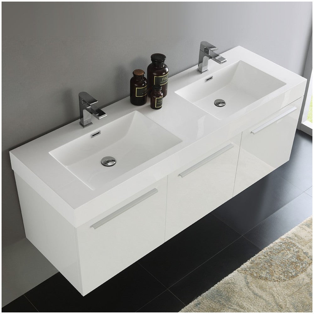 Vista 60" White Wall Hung Double Sink Modern Bathroom Cabinet w/ Integrated Sink