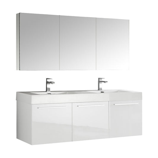 Vista 60" White Wall Hung Double Sink Modern Bathroom Vanity w/ Medicine Cabinet