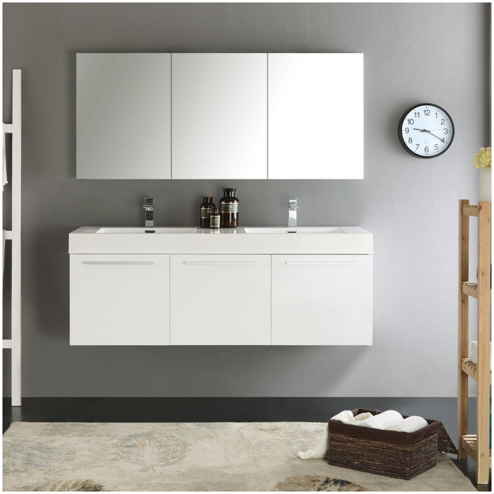 Vista 60" White Wall Hung Double Sink Modern Bathroom Vanity w/ Medicine Cabinet