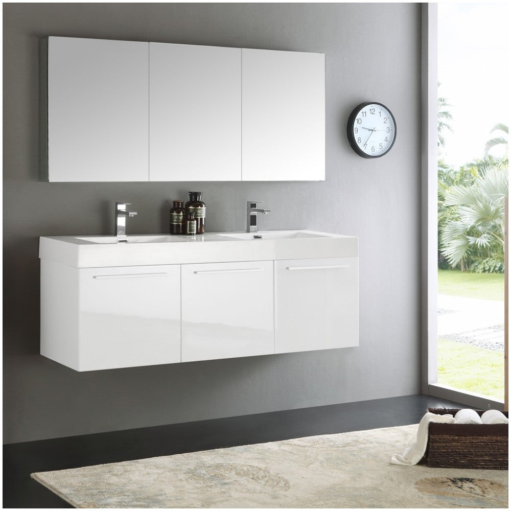 Vista 60" White Wall Hung Double Sink Modern Bathroom Vanity w/ Medicine Cabinet