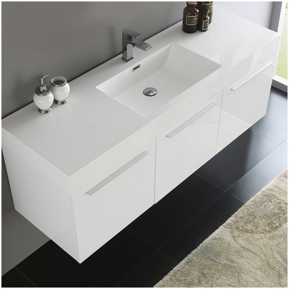 Vista 60" White Wall Hung Single Sink Modern Bathroom Cabinet w/ Integrated Sink