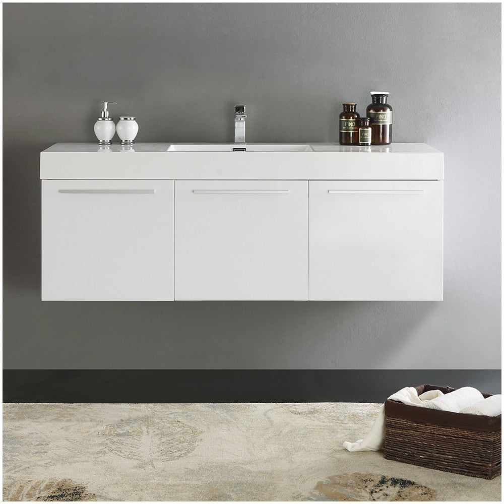 Vista 60" White Wall Hung Single Sink Modern Bathroom Cabinet w/ Integrated Sink