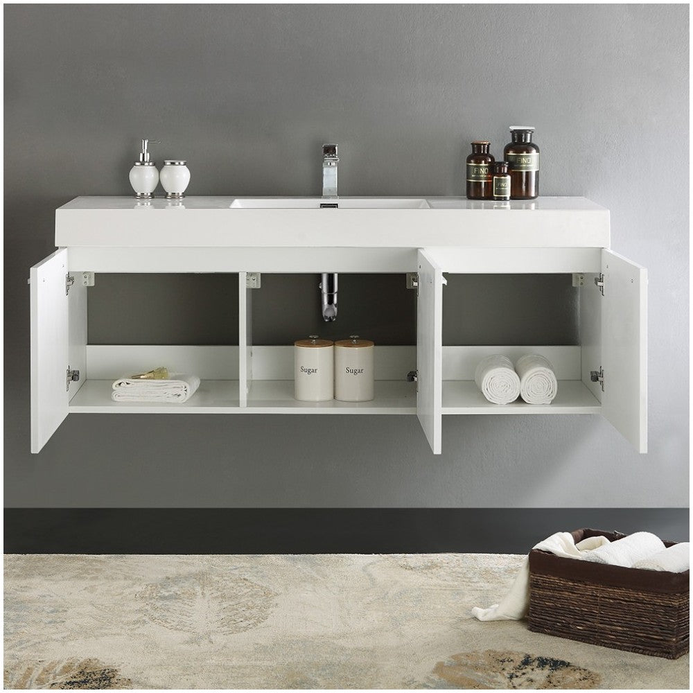 Vista 60" White Wall Hung Single Sink Modern Bathroom Cabinet w/ Integrated Sink