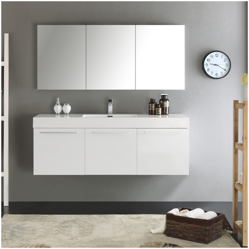 Vista 60" White Wall Hung Single Sink Modern Bathroom Vanity w/ Medicine Cabinet