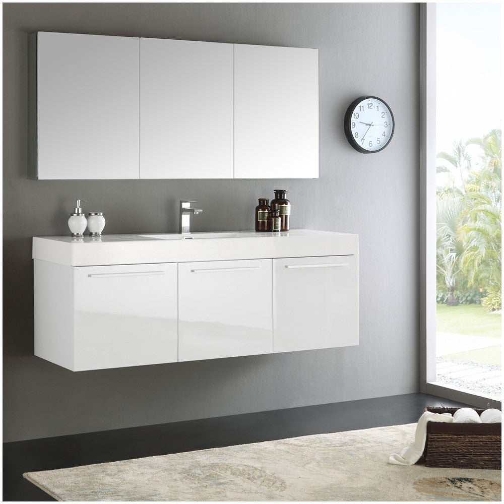 Vista 60" White Wall Hung Single Sink Modern Bathroom Vanity w/ Medicine Cabinet