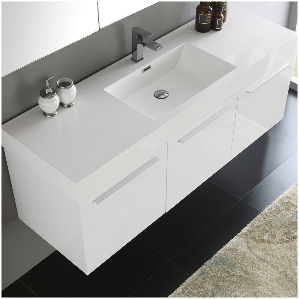 Vista 60" White Wall Hung Single Sink Modern Bathroom Vanity w/ Medicine Cabinet