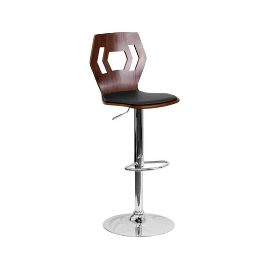 Walnut Adjustable Height Barstool with Designer Cutout Back and Black Vinyl Seat