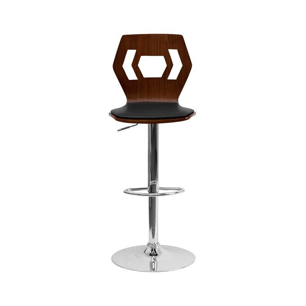 Walnut Adjustable Height Barstool with Designer Cutout Back and Black Vinyl Seat