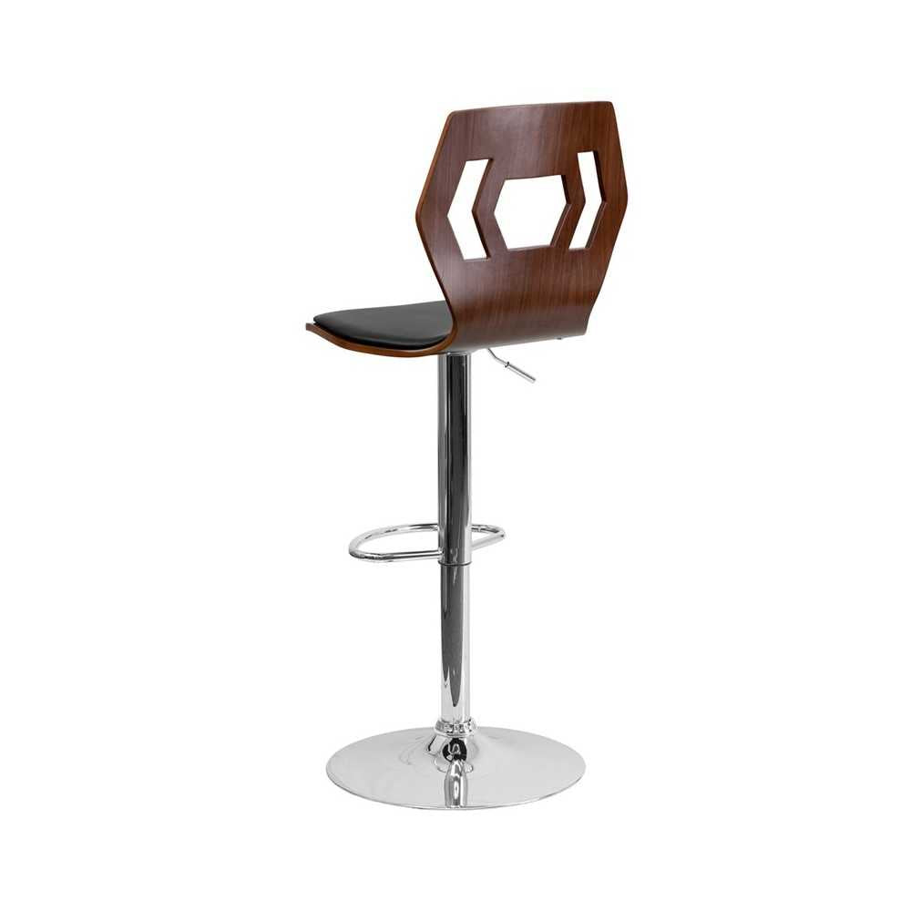 Walnut Adjustable Height Barstool with Designer Cutout Back and Black Vinyl Seat