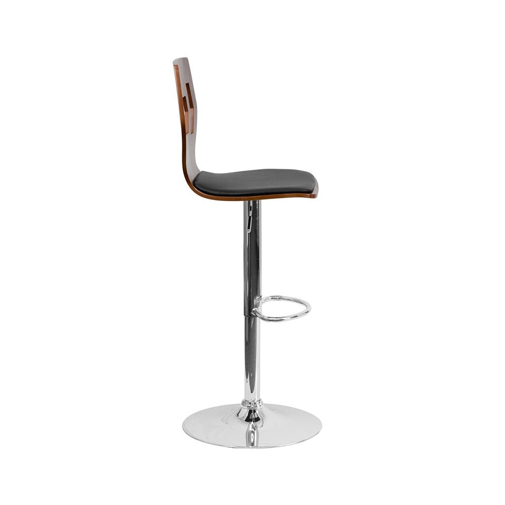 Walnut Adjustable Height Barstool with Designer Cutout Back and Black Vinyl Seat