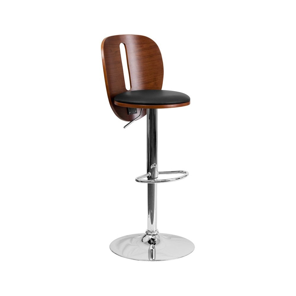 Walnut Bentwood Adjustable Height Barstool with Cutout Extended Back and Black Vinyl Seat