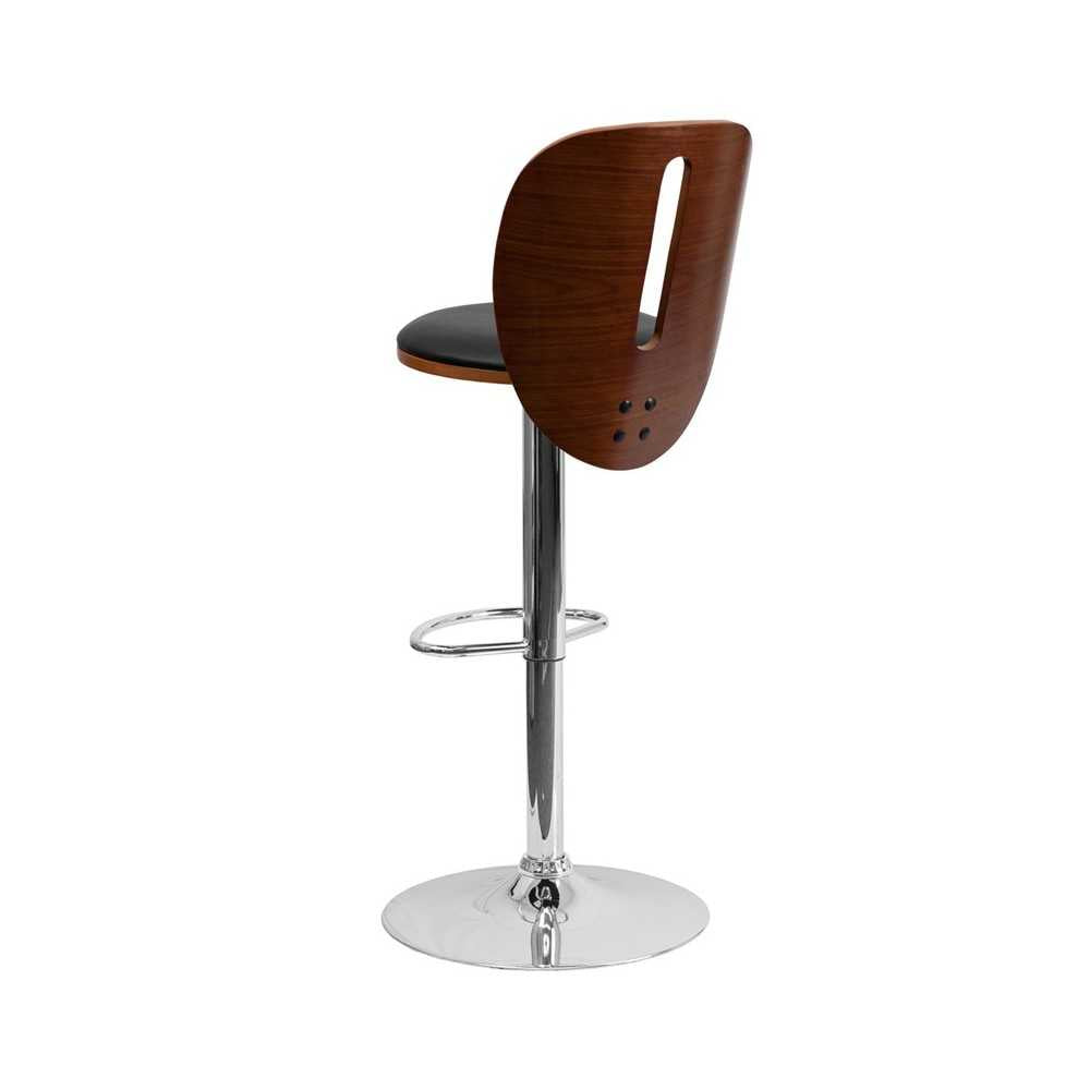 Walnut Bentwood Adjustable Height Barstool with Cutout Extended Back and Black Vinyl Seat