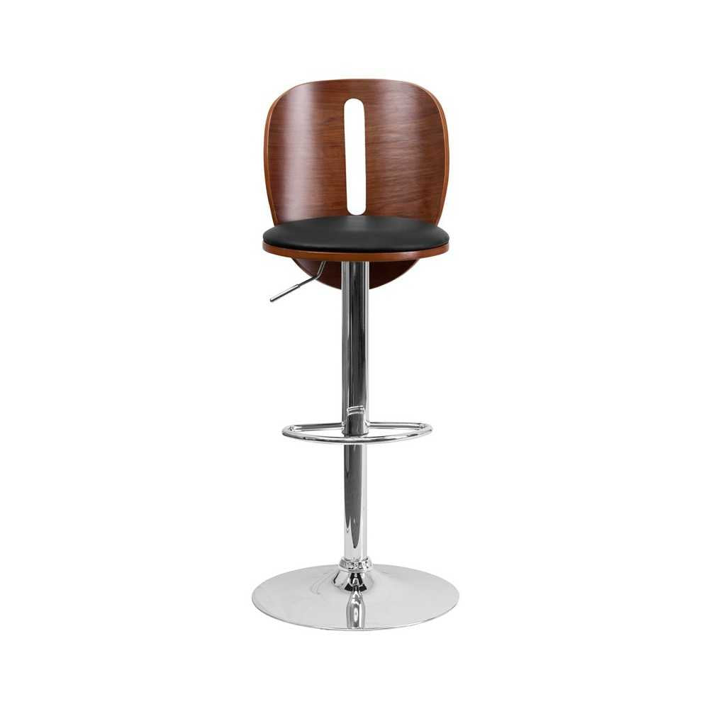 Walnut Bentwood Adjustable Height Barstool with Cutout Extended Back and Black Vinyl Seat