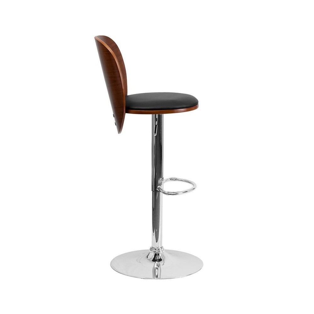 Walnut Bentwood Adjustable Height Barstool with Cutout Extended Back and Black Vinyl Seat