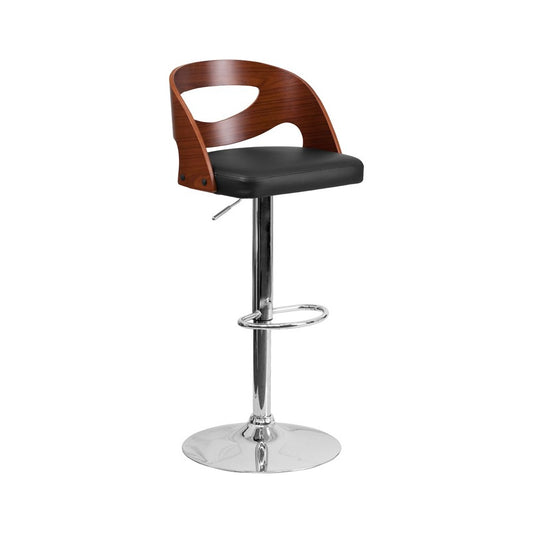 Walnut Bentwood Adjustable Height Barstool with Side Panel Cutout Back and Black Vinyl Seat