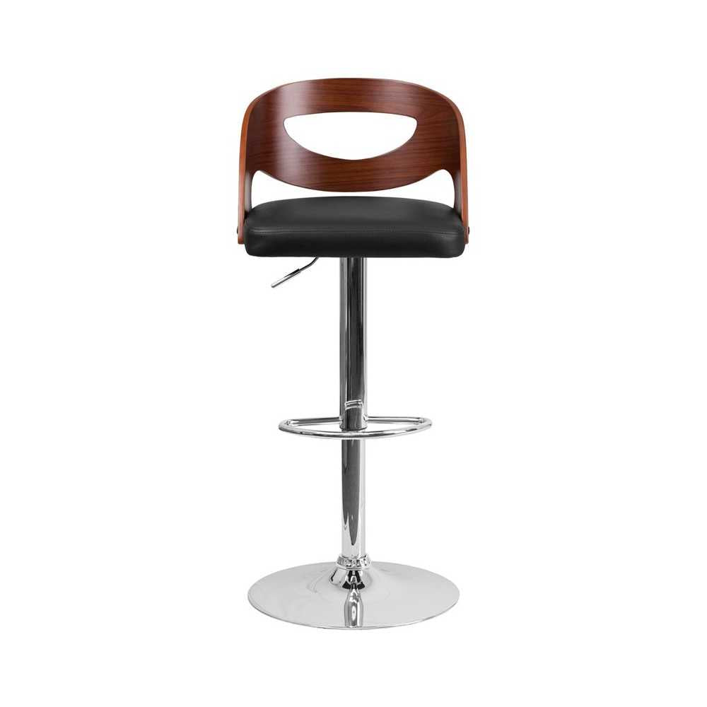 Walnut Bentwood Adjustable Height Barstool with Side Panel Cutout Back and Black Vinyl Seat