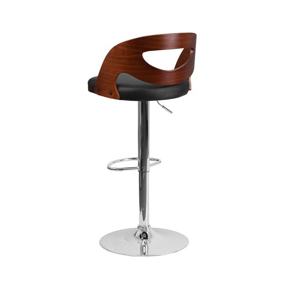 Walnut Bentwood Adjustable Height Barstool with Side Panel Cutout Back and Black Vinyl Seat