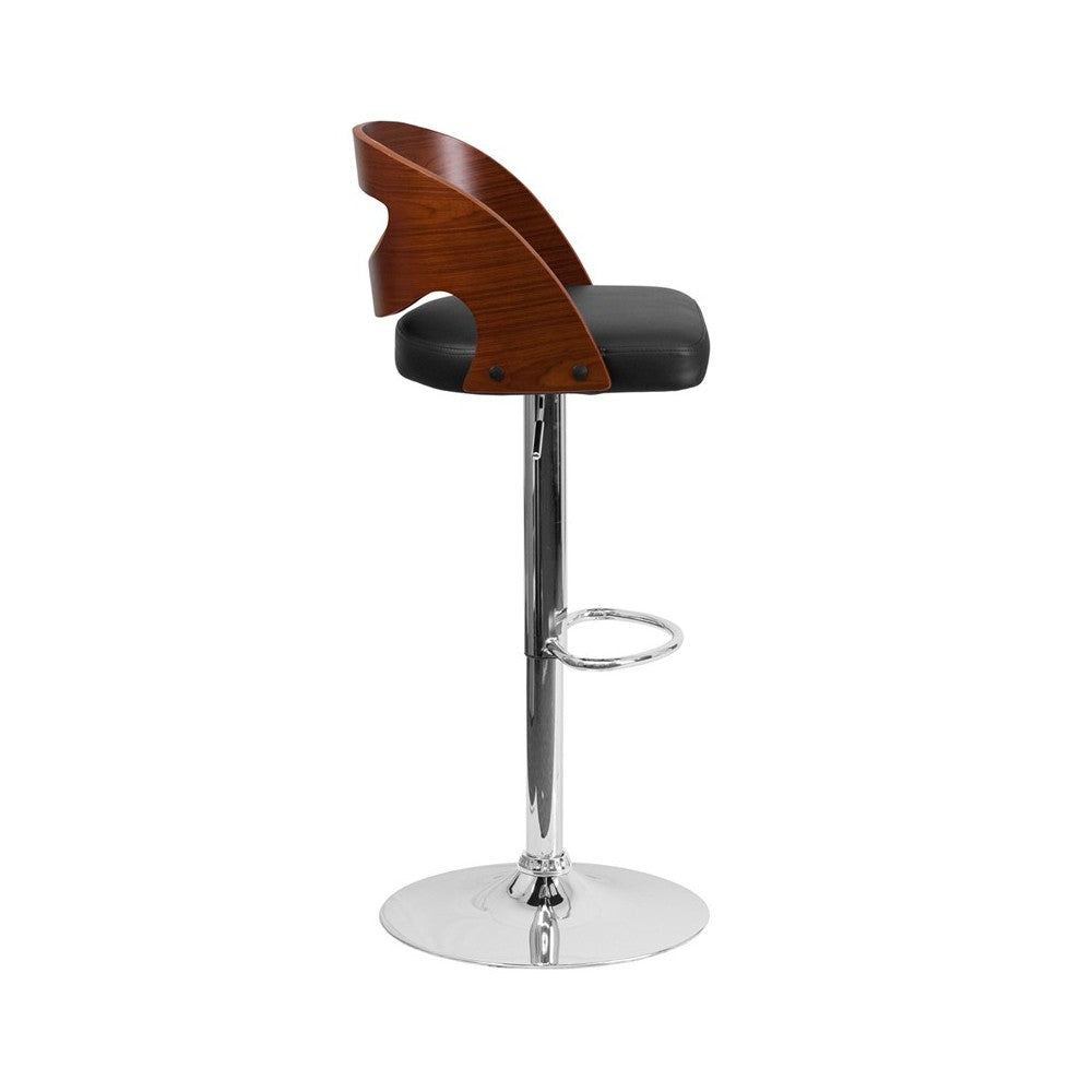 Walnut Bentwood Adjustable Height Barstool with Side Panel Cutout Back and Black Vinyl Seat