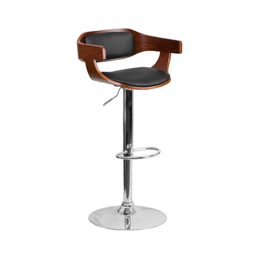 Walnut Bentwood Adjustable Height Barstool with Wrap Style Arms and Black Vinyl Seat