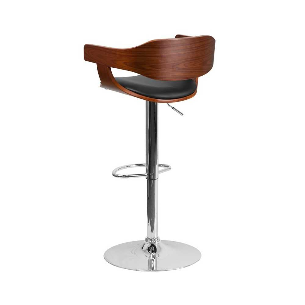 Walnut Bentwood Adjustable Height Barstool with Wrap Style Arms and Black Vinyl Seat