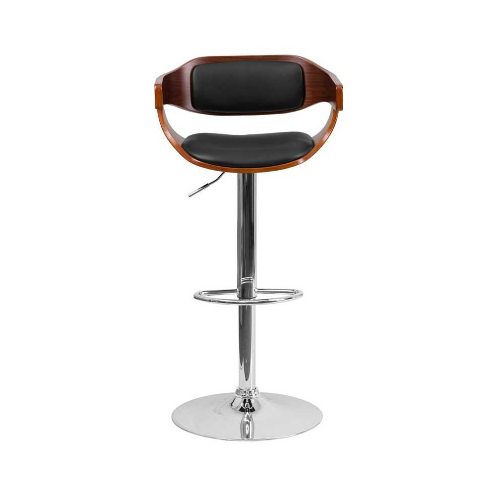 Walnut Bentwood Adjustable Height Barstool with Wrap Style Arms and Black Vinyl Seat