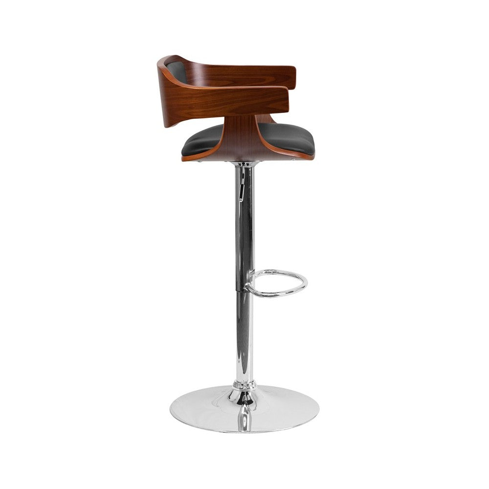 Walnut Bentwood Adjustable Height Barstool with Wrap Style Arms and Black Vinyl Seat