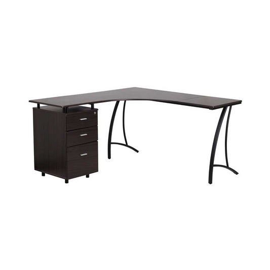 Walnut Laminate L-Shape Desk with Three Drawer Pedestal
