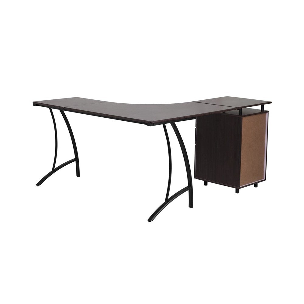 Walnut Laminate L-Shape Desk with Three Drawer Pedestal