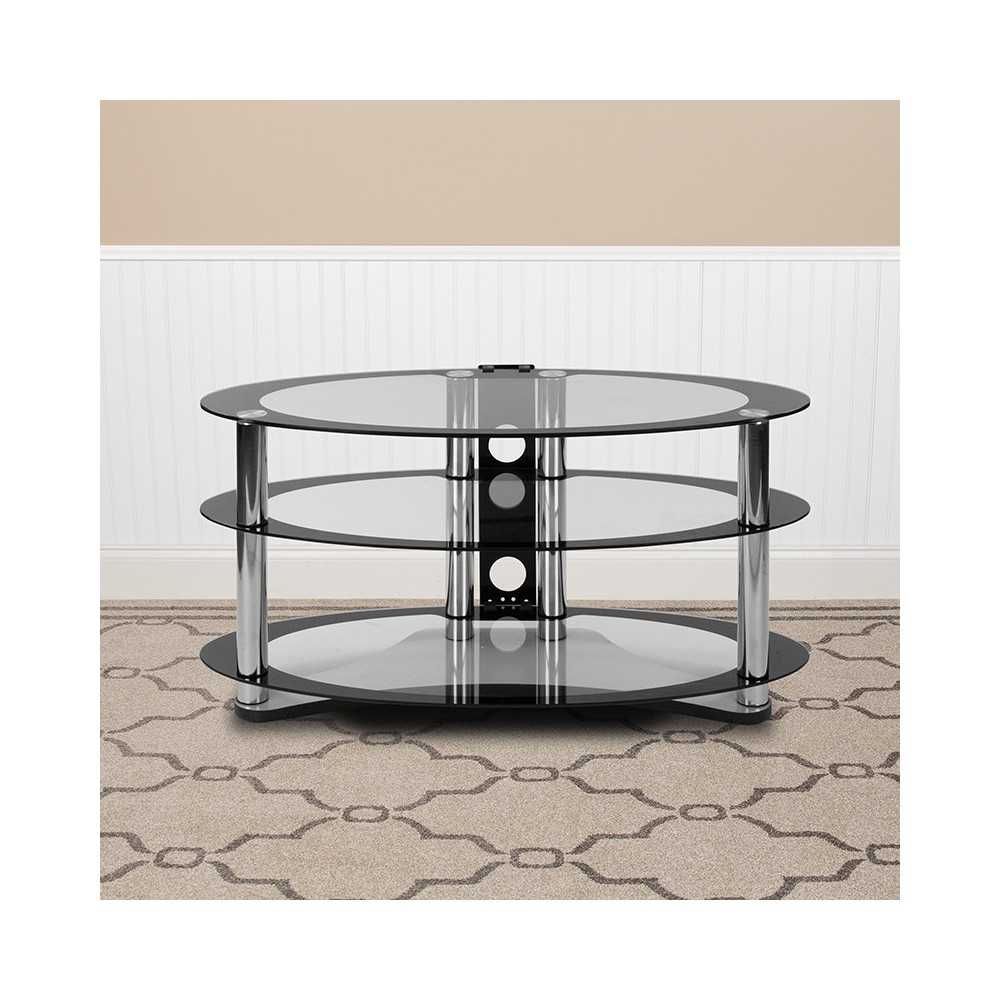 Westchester Two-Tone Glass TV Stand with Shelves and Chrome Tubing