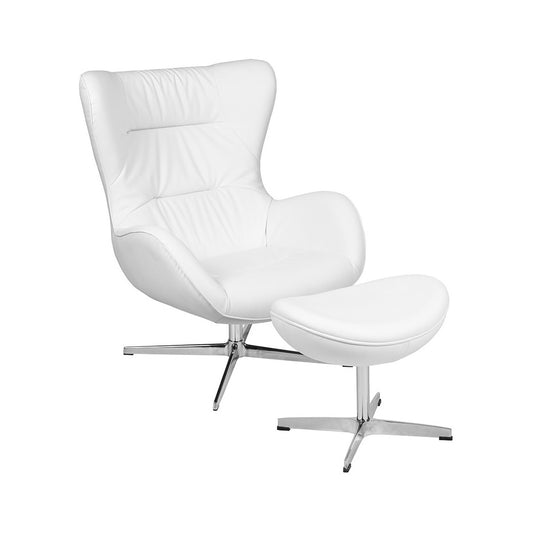 White LeatherSoft Swivel Wing Chair and Ottoman Set