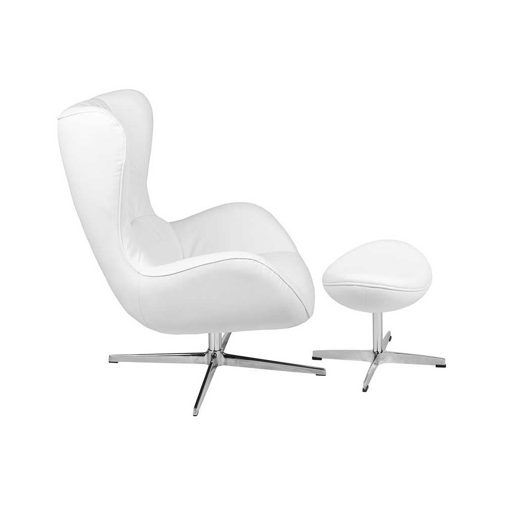 White LeatherSoft Swivel Wing Chair and Ottoman Set