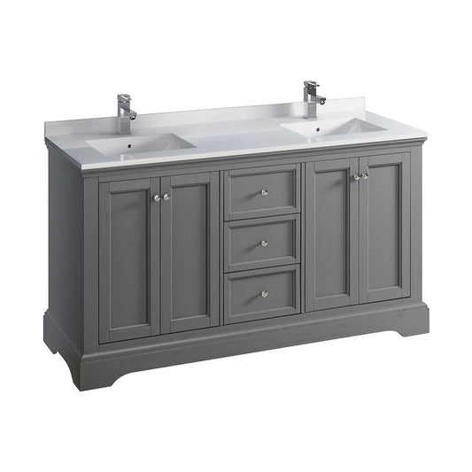 Windsor 60 Gray Textured Traditional Double Sink Bathroom Cabinet w/ Top & Sinks