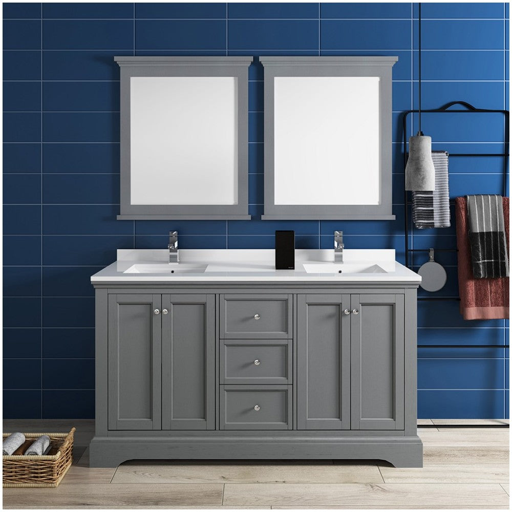 Windsor 60" Gray Textured Traditional Double Sink Bathroom Vanity w/ Mirrors