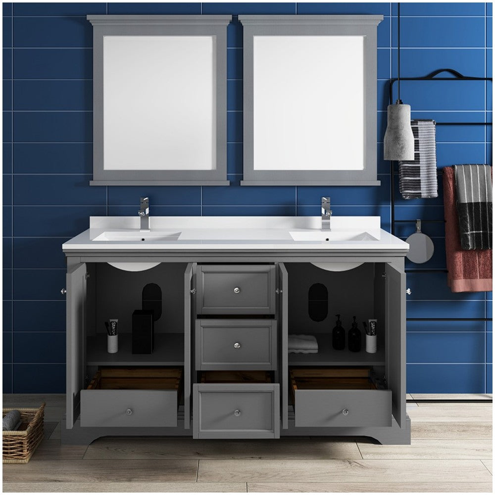 Windsor 60" Gray Textured Traditional Double Sink Bathroom Vanity w/ Mirrors