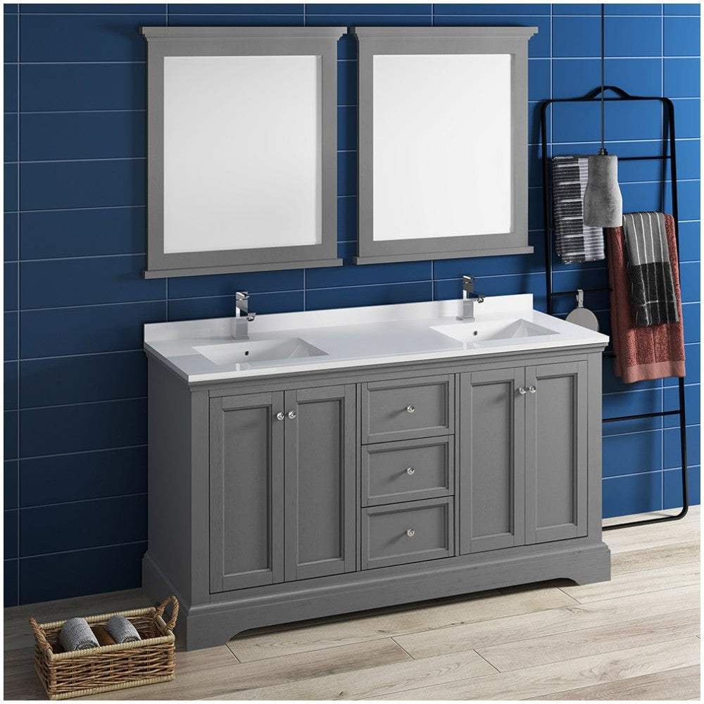 Windsor 60" Gray Textured Traditional Double Sink Bathroom Vanity w/ Mirrors