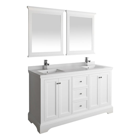 Windsor 60" Matte White Traditional Double Sink Bathroom Vanity w/ Mirrors