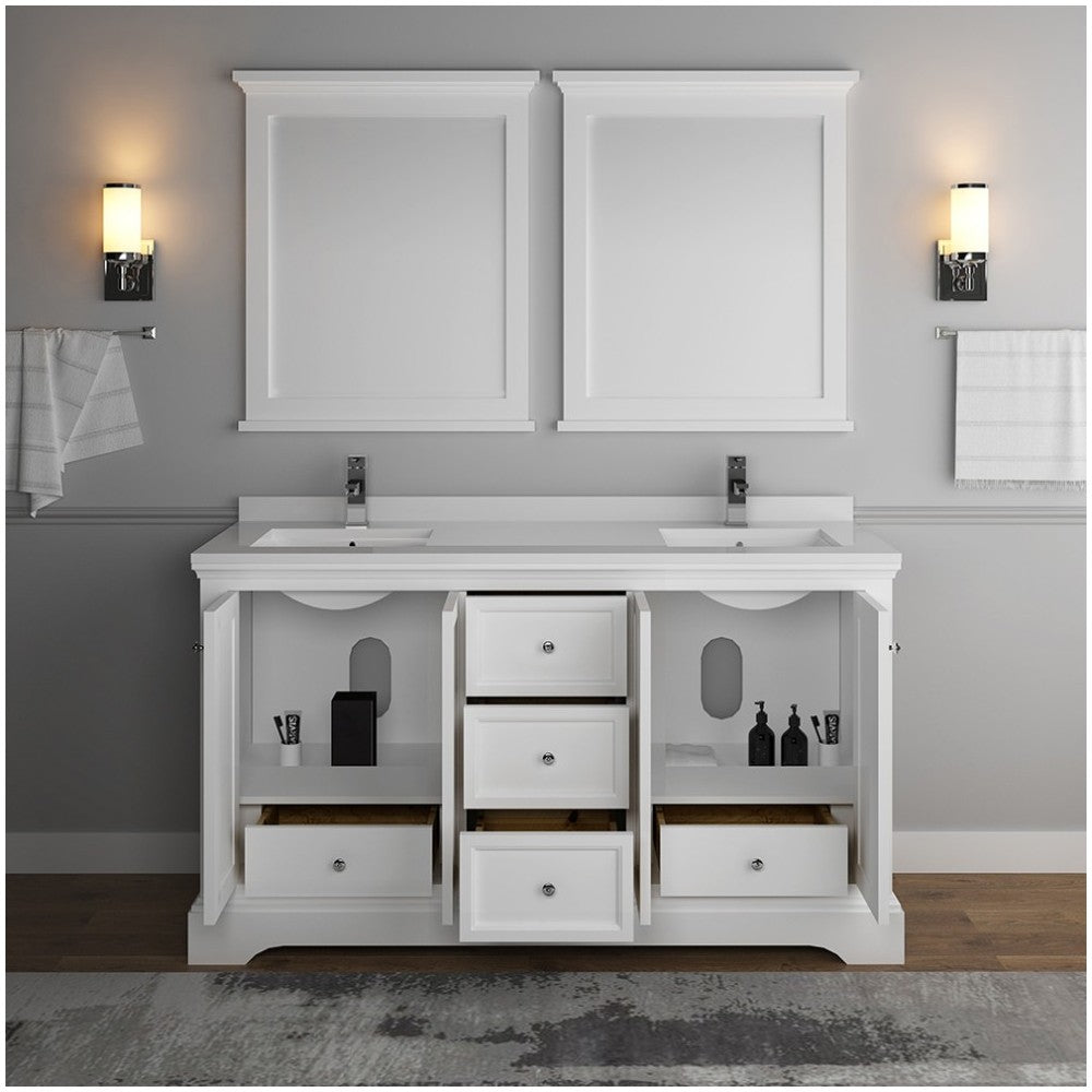 Windsor 60" Matte White Traditional Double Sink Bathroom Vanity w/ Mirrors