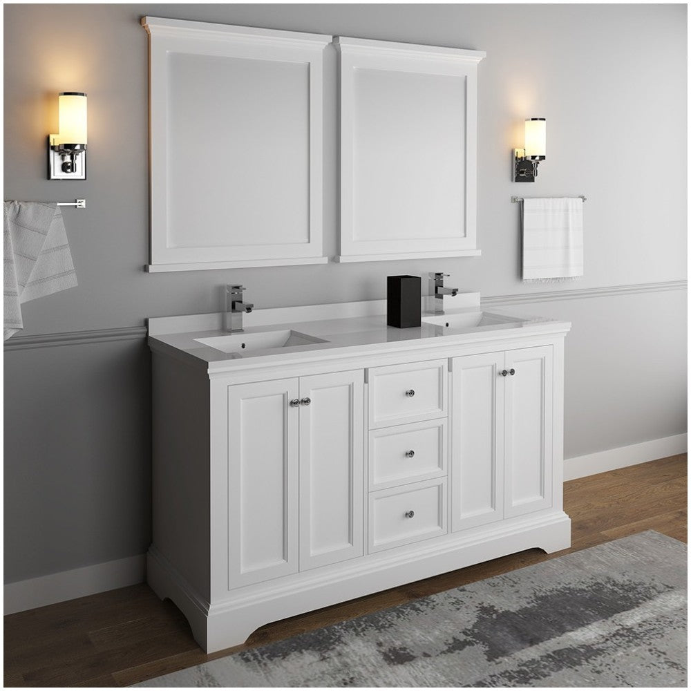 Windsor 60" Matte White Traditional Double Sink Bathroom Vanity w/ Mirrors