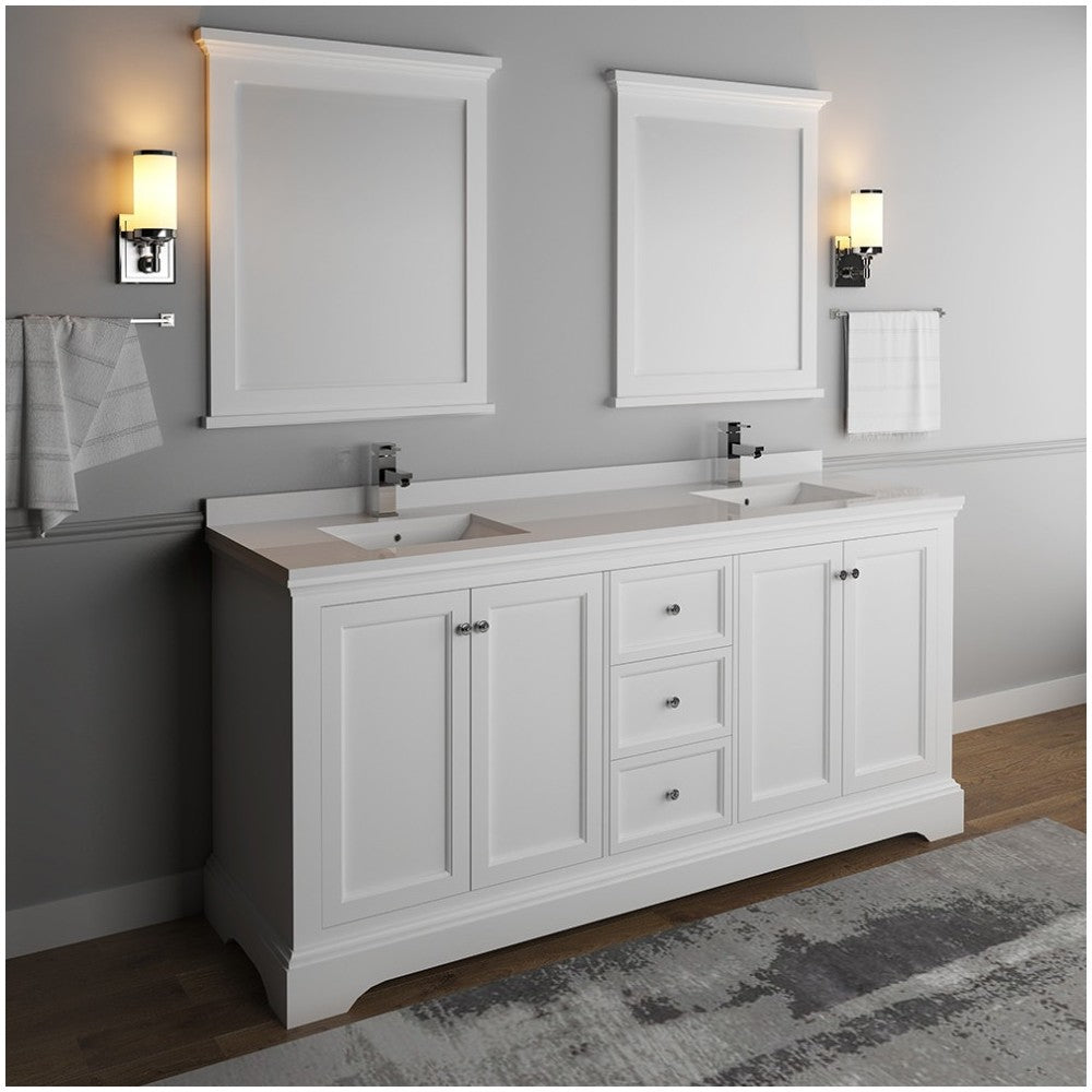 Windsor 72" Matte White Traditional Double Sink Bathroom Vanity w/ Mirrors