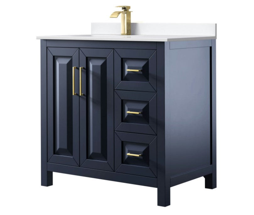 Daria 36" Single Vanity, Dark Blue, White Cultured Marble Top, Gold Trim