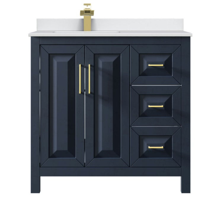 Daria 36" Single Vanity, Dark Blue, White Cultured Marble Top, Gold Trim