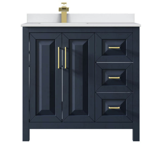 Daria 36" Single Vanity, Dark Blue, White Cultured Marble Top, Gold Trim