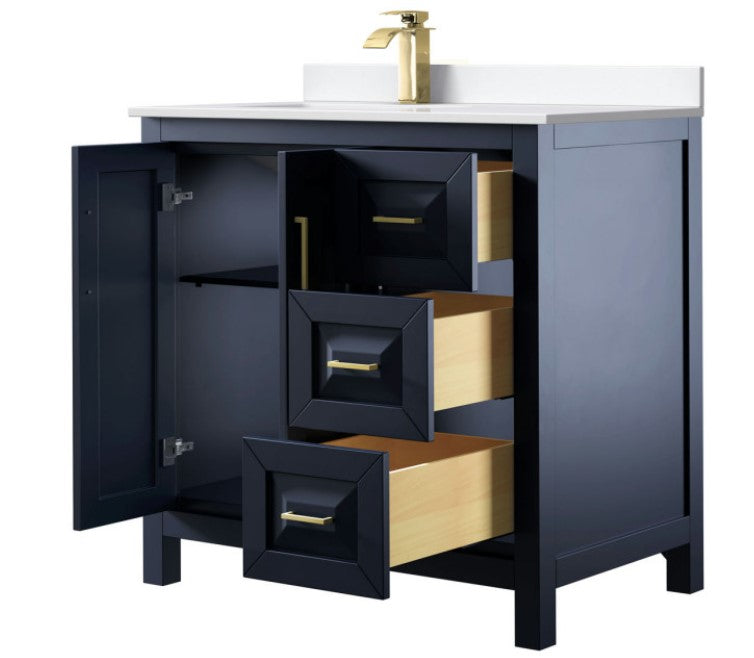 Daria 36" Single Vanity, Dark Blue, White Cultured Marble Top, Gold Trim