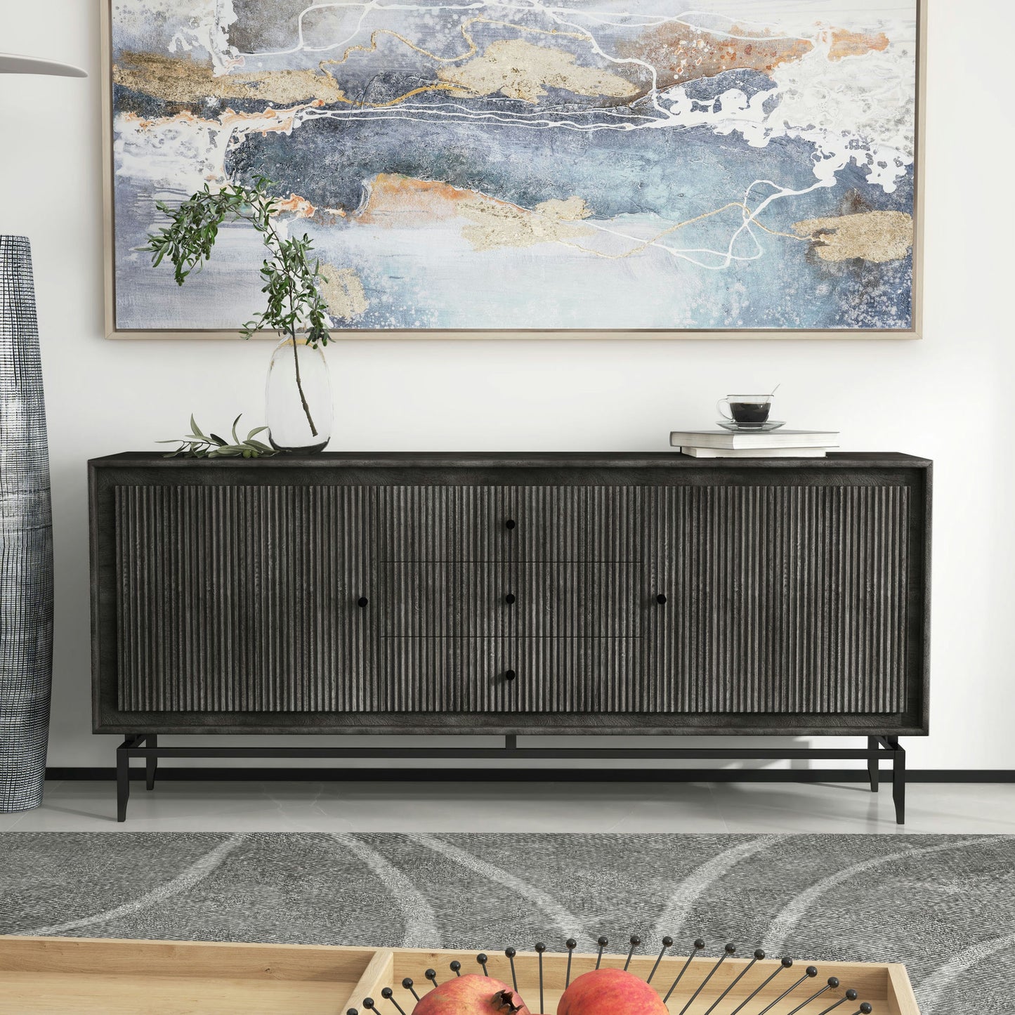 Camilo 69" Wide 3 Door Black Wood Sideboard