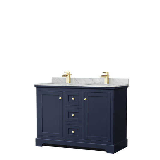 Avery 48 in. W x 22 in. D Double Vanity in Dark Blue with Marble Vanity Top in White Carrara with Square Basins