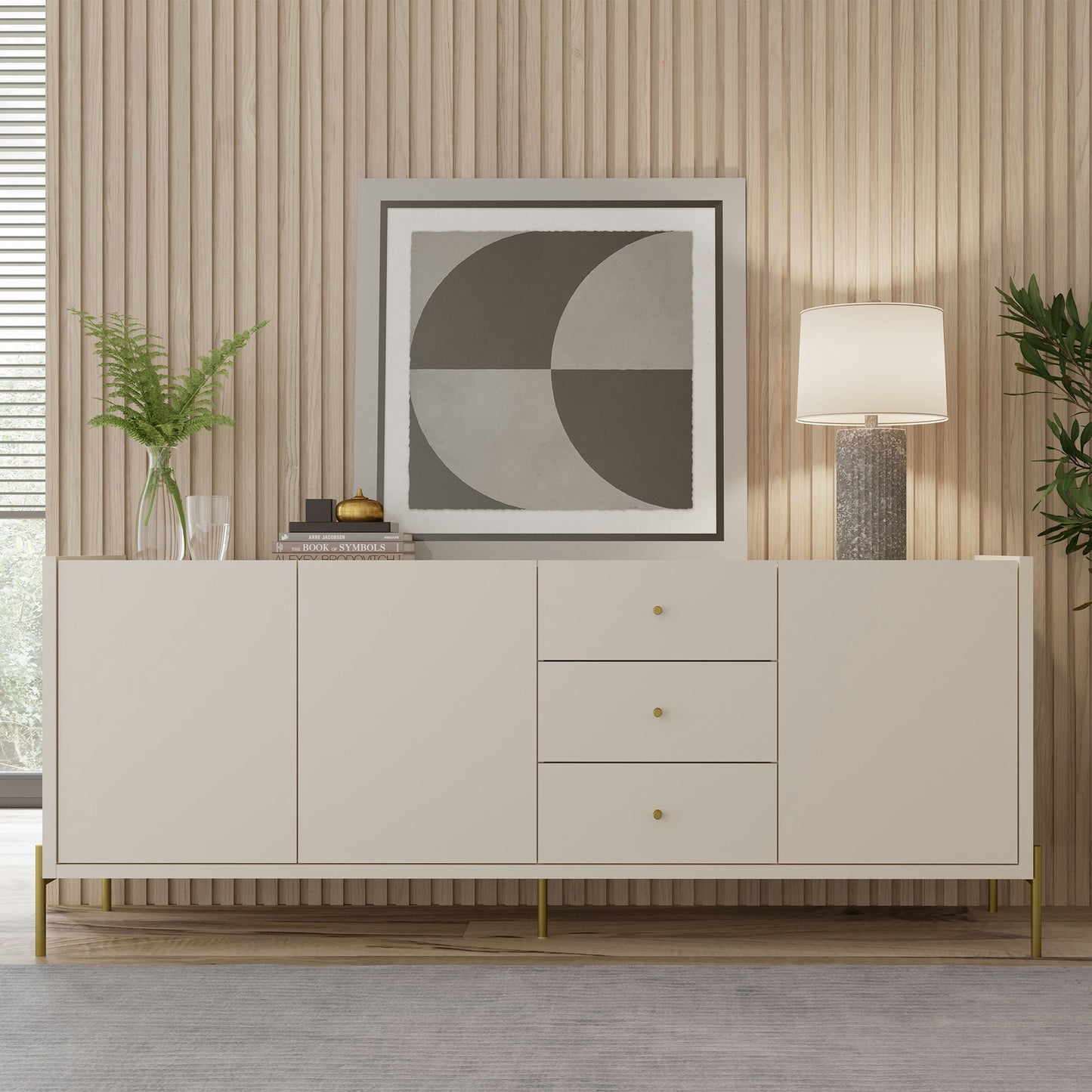 Jasper 72.51" Sideboard with Steel Gold Legs in Off White Matte