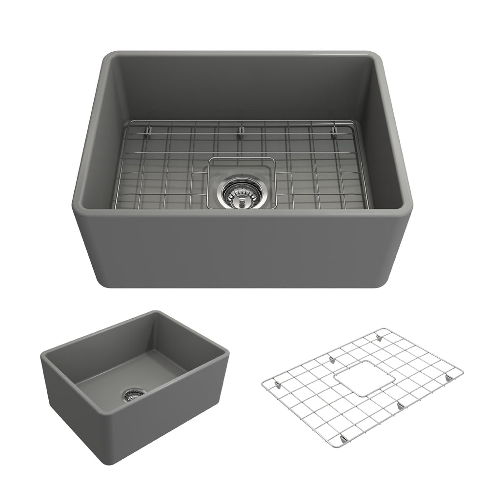 Classico Farmhouse Apron Front Fireclay 24" Single Bowl Kitchen Sink, Matte Gray