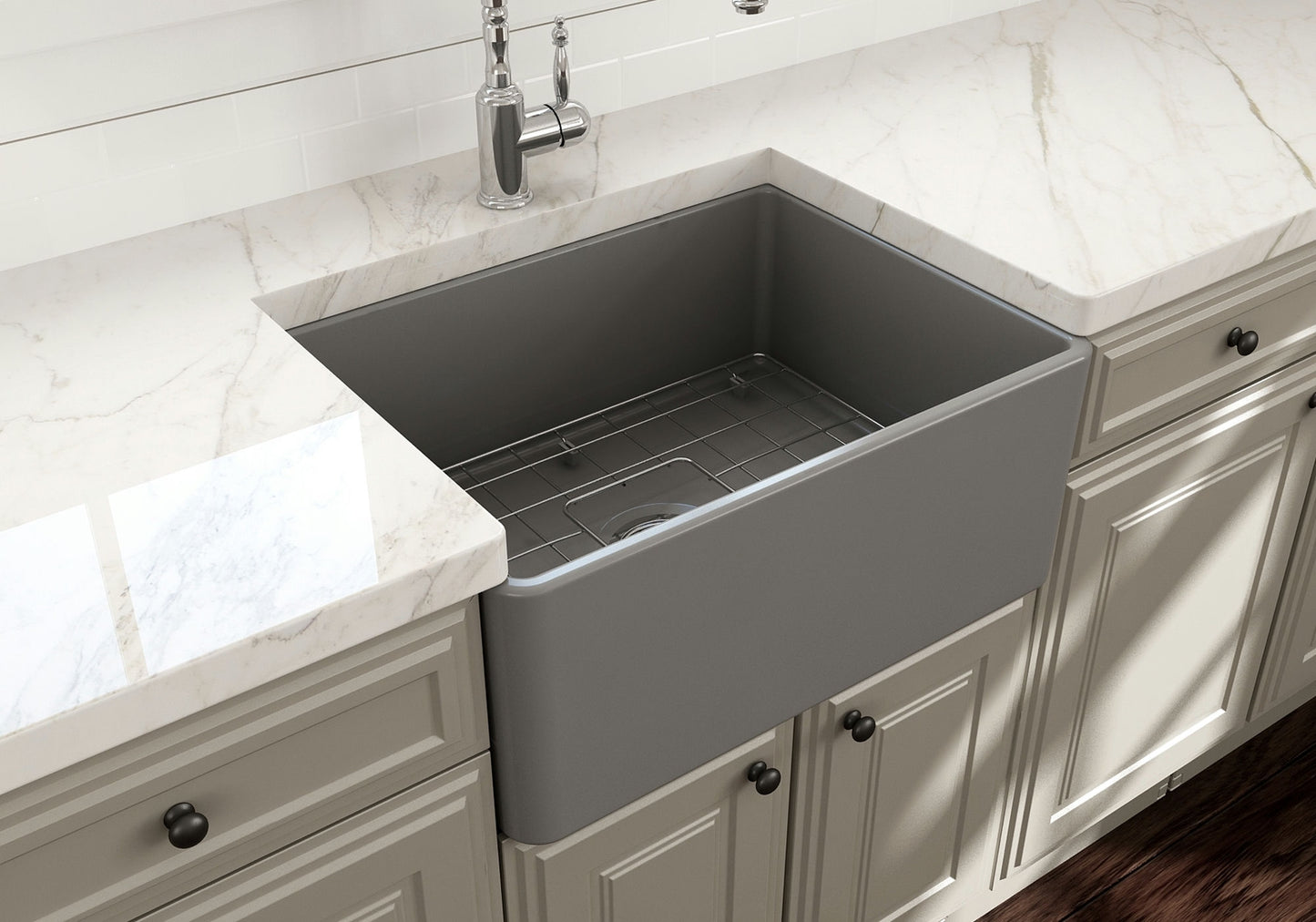 Classico Farmhouse Apron Front Fireclay 24" Single Bowl Kitchen Sink, Matte Gray