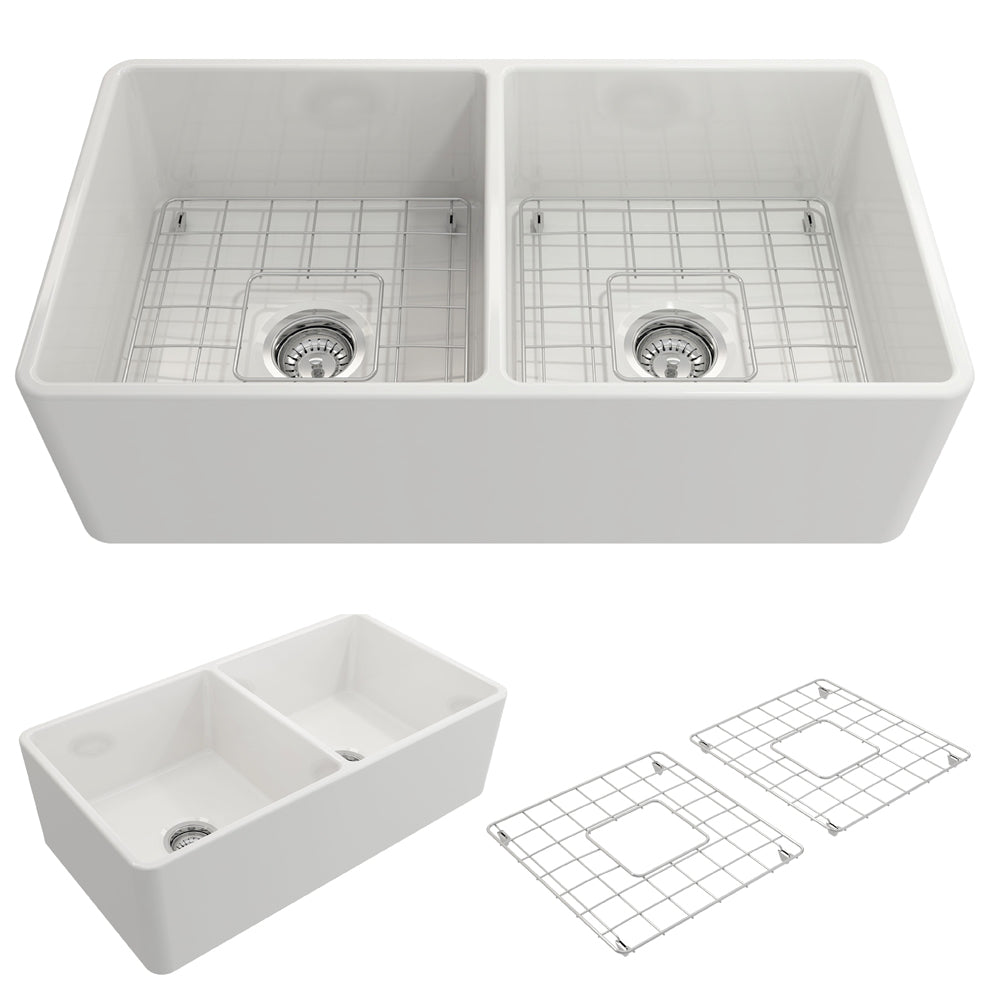 Classico Farmhouse Apron Front Fireclay 33" Double Bowl Kitchen Sink in White